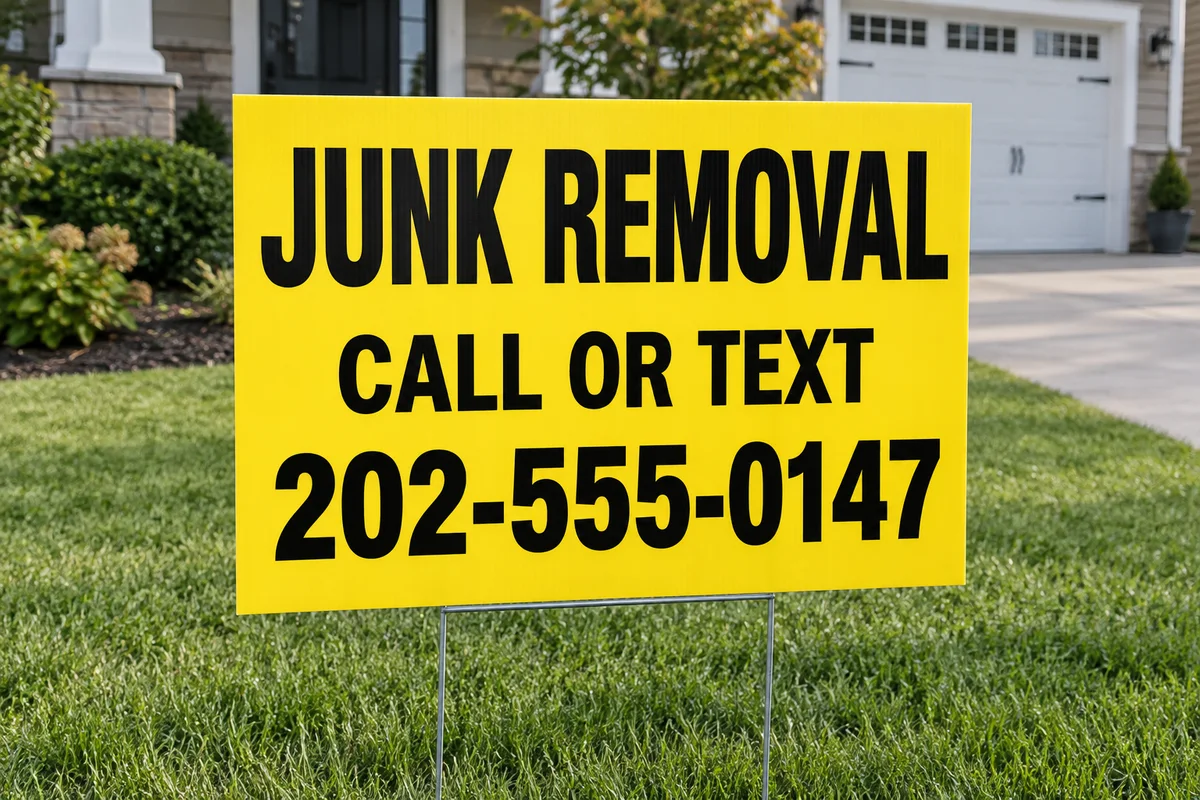 Unbranded yellow junk removal yard sign with large black lettering and a fictional phone number.