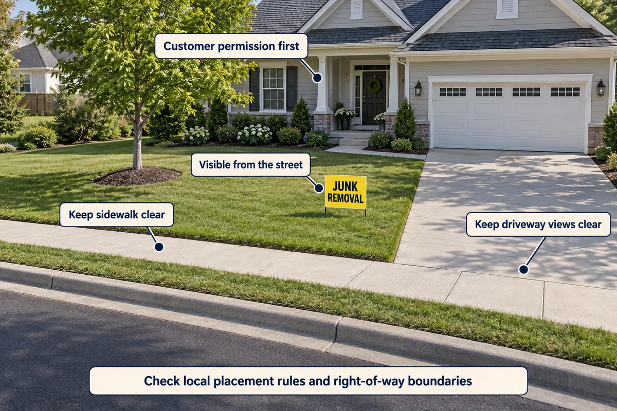 Yard sign on a front lawn, with callouts for customer permission, street visibility, and clear sidewalks and driveway views.